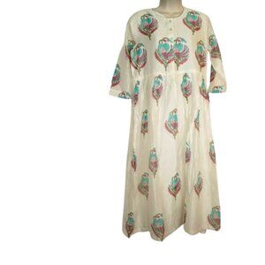 Zuba Womens Midi Dress Tropical Bird Floral Cotton Silk M